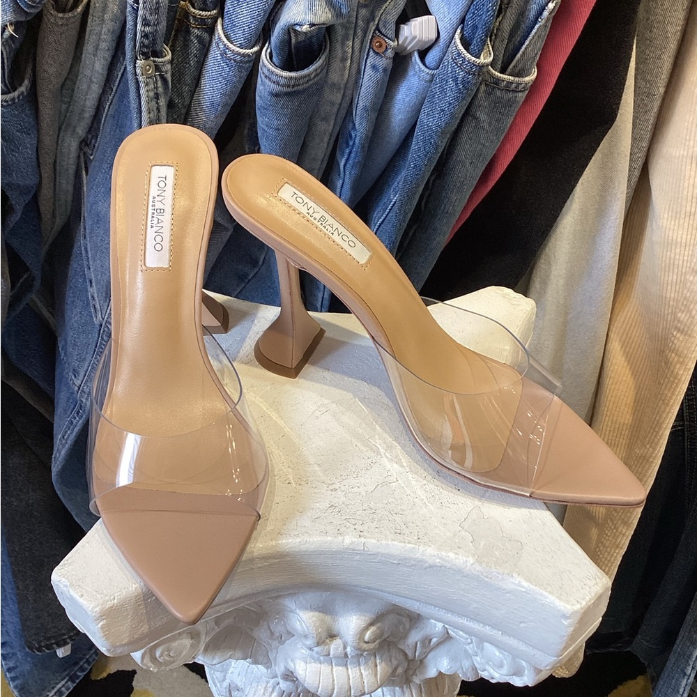 Tony Bianco Marcel vinylite slip on open toe mules Women's Clear and Nude Heels